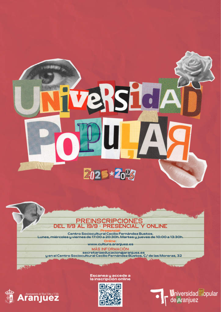EL JUEVES 11 DE SEPTIEMBRE SE ABRE EL PLAZO DE PREINSCRIPCIÓN PARA LOS TALLERES DE LA UNIVERSIDAD POPULAR DE ARANJUEZ (UPA) DEL CURSO 2025/2026