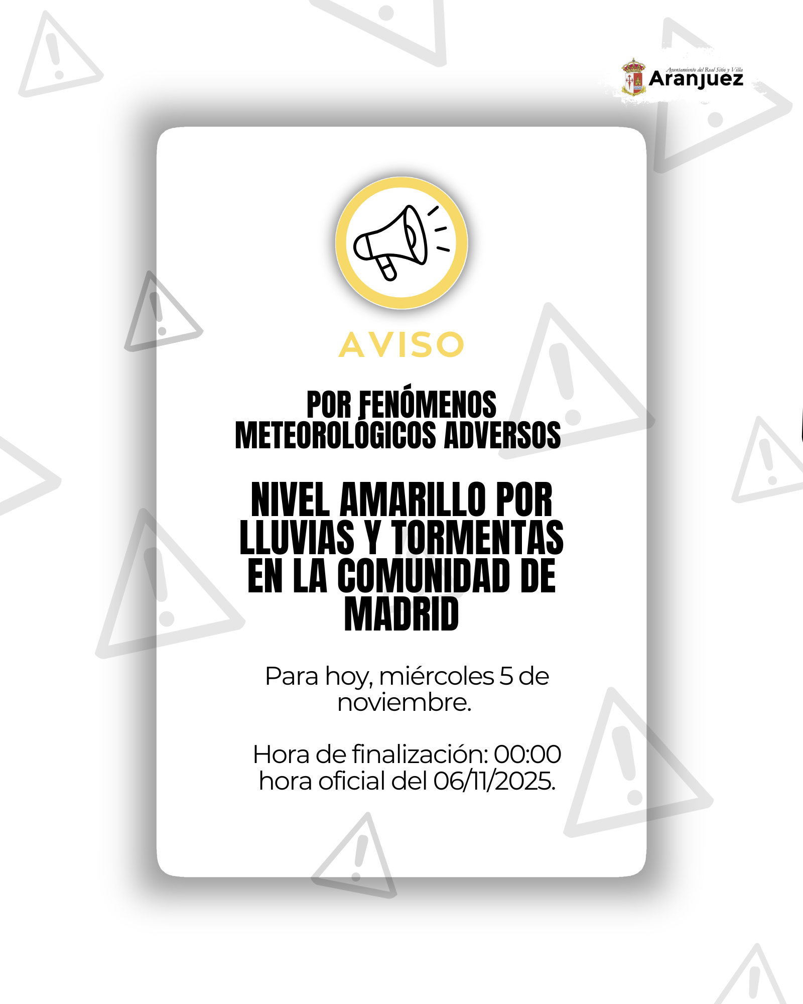 AVISO POR FENÓMENOS METEOROLÓGICOS ADVERSOS NIVEL AMARILLO POR LLUVIAS Y TORMENTAS EN LA COMUNIDAD DE MADRID
