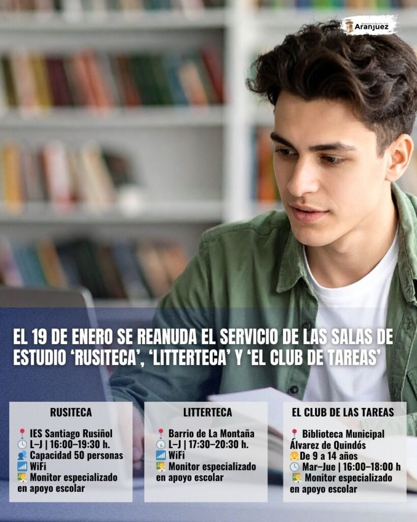 EL 19 DE ENERO SE REANUDA EL SERVICIO DE LAS SALAS DE ESTUDIO ‘RUSITECA’, ‘LITTERTECA’ Y ‘EL CLUB DE TAREAS’